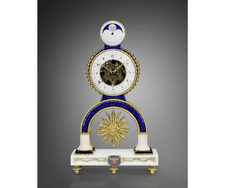 Une-pendule-squelette-a-deux-cadrans-signee-Ridel-Paris-en-email-bleu-et-or-bronze-dore-marbres-blanc