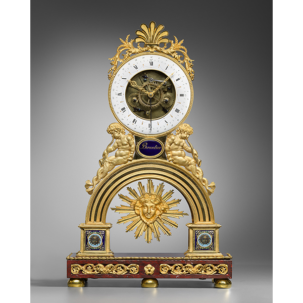 A Directoire skeleton clock signed Bourdier