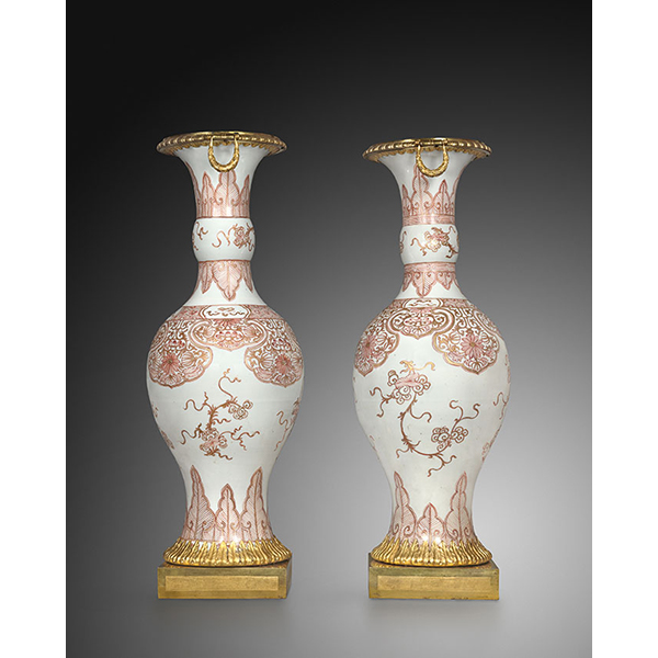 A pair of large Louis XVI gilt bronze-mounted Chinese coral and gilt porcelain vases